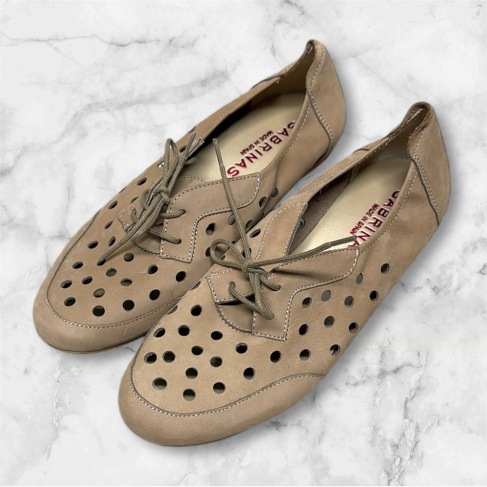 Sabrina polka dot cut out suede leather Women's Tan Lace-Up flat Shoes sz 39